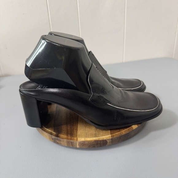 Franco Sarto Black Leather Mules Heeled Square Toe Minimalist Shoes Size 9M - Picture 1 of 11